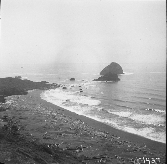 Hearst Museum object titled Black-and-white negative, accession number 15-1437, described as The beach at southernmost ranch site