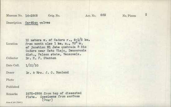 Documentation associated with Hearst Museum object titled Shell, accession number 16-2868, described as Cardium valves