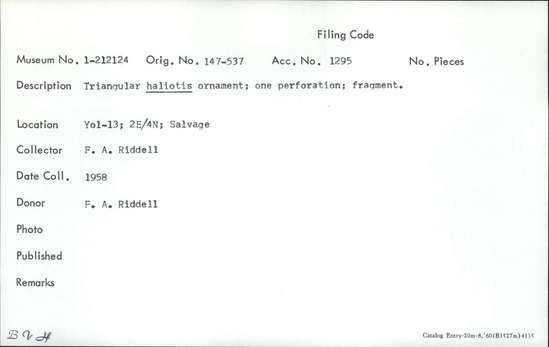 Documentation associated with Hearst Museum object titled Pendant fragment, accession number 1-212124, described as Triangular haliotis.