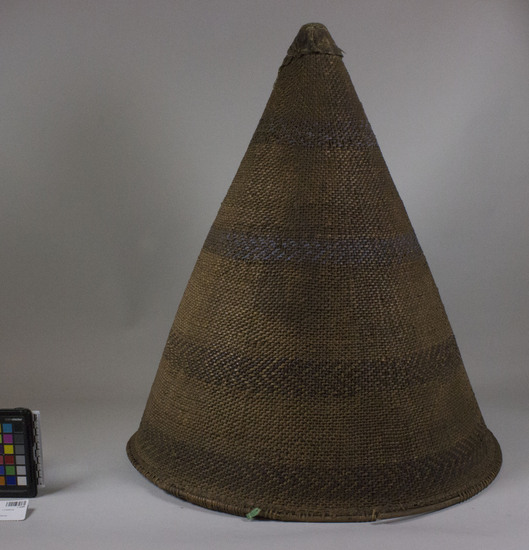 Hearst Museum object 2 of 3 titled Carrying basket, accession number 1-10498, described as Carrying basket; twined. Warp is Willow (Salix), weft is Sedge (Carex). Red pattern is Redbud (Cercis occidentalis). Rim is Willow. Bands of herring bone design.