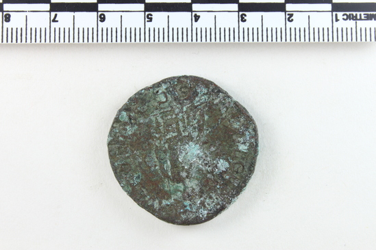 Hearst Museum object 9 of 14 titled Coin: æ antoninianus, accession number 8-4012, described as Coin; AE; Antoninianus; Roman. Antoninus Pius, 152-153 AD. Rome, Italy. Obverse: ANTONINVS AVG  PIVS PP TR P XVI, Bust r. radiate. Reverse: INDVLGENTI  AAVG COS IIII Indulgentia seated l.; in exergue, S C.