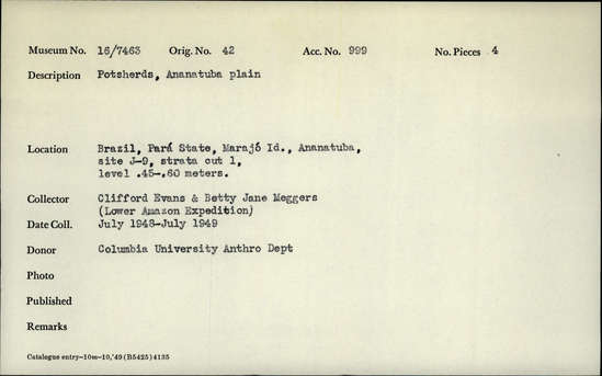 Documentation associated with Hearst Museum object titled Potsherds, accession number 16-7463, described as Potsherds, Anatuba plain