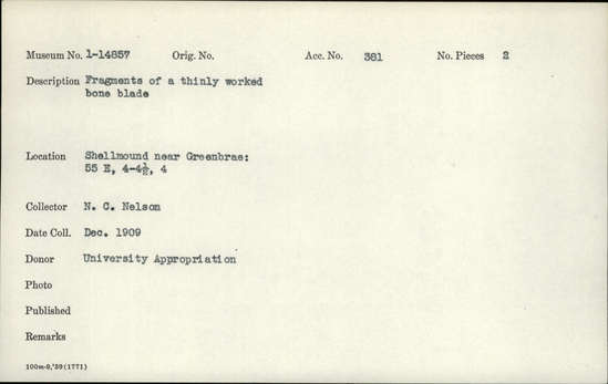 Documentation associated with Hearst Museum object titled Blade fragments, accession number 1-14857, described as Thinly worked bone blade. Notice: Image restricted due to its potentially sensitive nature. Contact Museum to request access.