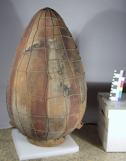 Hearst Museum object 3 of 4 titled Vessel, accession number 4-6227, described as Extra large pottery vessel, bottom painted; painted with red stripes to resemble a melon