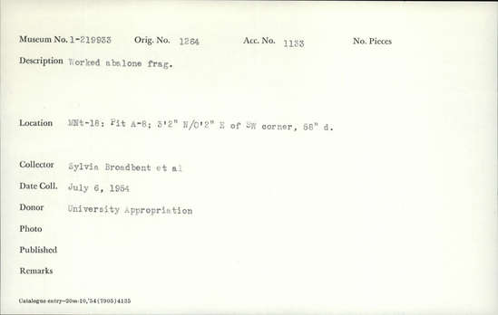 Documentation associated with Hearst Museum object titled Shell fragment, accession number 1-219933, described as Worked.