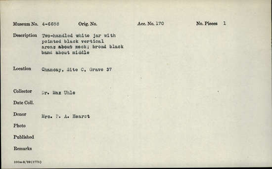 Documentation associated with Hearst Museum object titled Jar, accession number 4-6688, no description available.