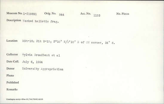 Documentation associated with Hearst Museum object titled Shell fragment, accession number 1-219891, described as Worked.