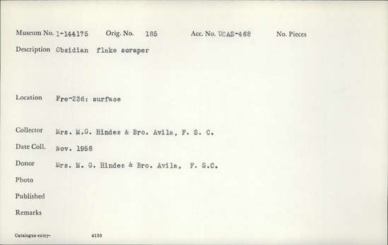 Documentation associated with Hearst Museum object titled Scraper, accession number 1-144175, described as Obsidian, flake.