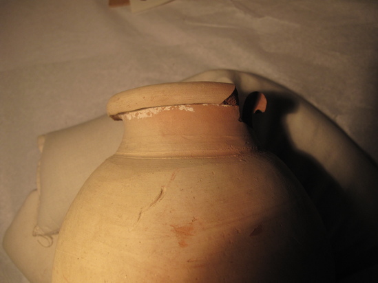 Hearst Museum object 53 of 85 titled Broken jar, accession number 6-5740, described as Pottery: smooth pinkish globose jar, rim broken