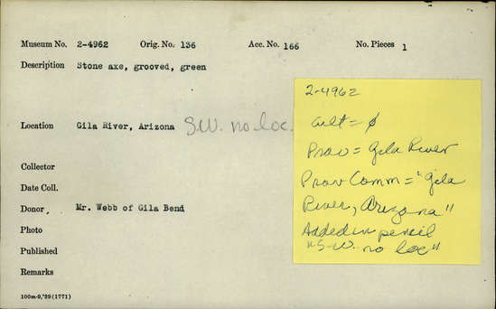 Documentation associated with Hearst Museum object titled Axe, accession number 2-4962, described as Made of stone; grooved, green.