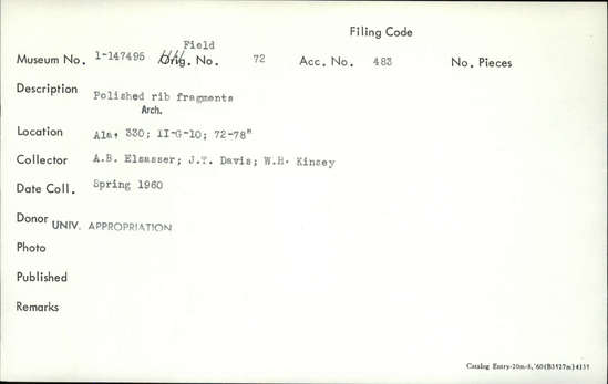 Documentation associated with Hearst Museum object titled Faunal remains, accession number 1-147495, described as Polished rib fragments.