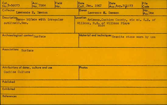 Documentation associated with Hearst Museum object titled Mano, accession number 2-56073, described as Mano; biface with irregular outline, 10.5 mm.