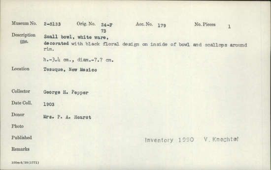 Documentation associated with Hearst Museum object titled Bowl, accession number 2-8133, described as Small bowl. White ware, decorated with black floral design on inside of bowl and scallops around rim. Height 3.4 cm., diameter 7.7 cm.