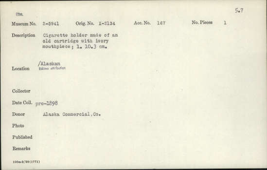 Documentation associated with Hearst Museum object titled Cigarette holder, accession number 2-5941, described as Made of an old cartridge with ivory mouthpiece.