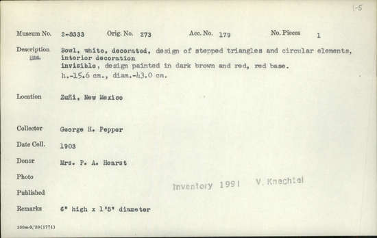 Documentation associated with Hearst Museum object titled Bowl, accession number 2-8333, described as White, decorated, design of stepped triangles and circular elements, interior decoration invisible, design painted in dark brown and red, red base.