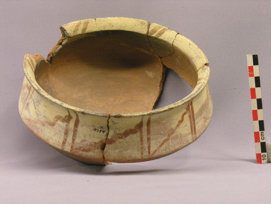 Hearst Museum object 4 of 4 titled Bowl, accession number 4-2754, described as Bowl of red pottery, white shoulder with red design.