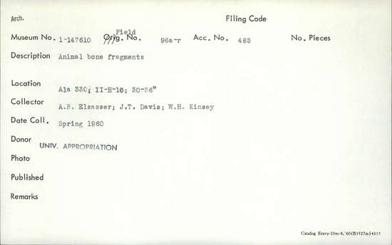 Documentation associated with Hearst Museum object titled Faunal remains, accession number 1-147610, described as Animal.