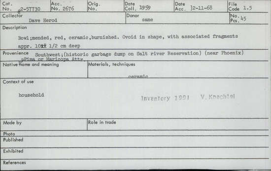 Documentation associated with Hearst Museum object titled Bowl, accession number 2-57730, described as Mended. Red, ceramic, burnished. Ovoid in shape, with associated fragments.