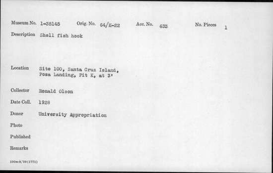 Documentation associated with Hearst Museum object titled Fishhook, accession number 1-35145, described as Made of shell.