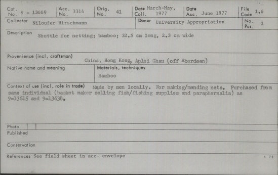 Documentation associated with Hearst Museum object titled Netting shuttle, accession number 9-13669, described as Shuttle for netting; bamboo; made by men locally.  For making/mending nets.  Purchased from same individual (basket maker selling fish/fishing supplies and paraphernalia) as 9-13615 and 9-13638.