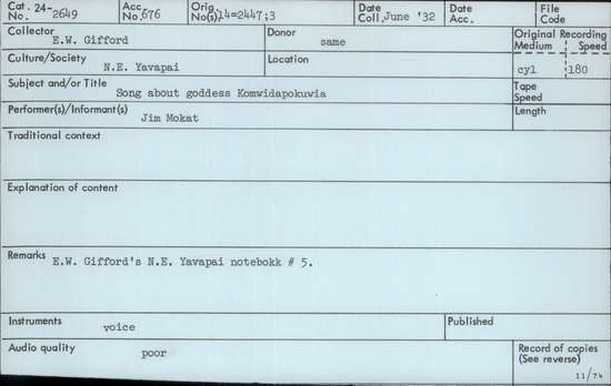 Documentation associated with Hearst Museum object titled Audio recording, accession number 24-2649, described as Song about goddess Komwidapokuwia