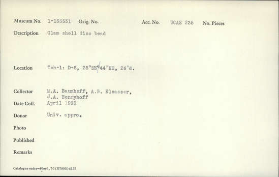 Documentation associated with Hearst Museum object titled Bead, accession number 1-155531, described as Clam shell disc.