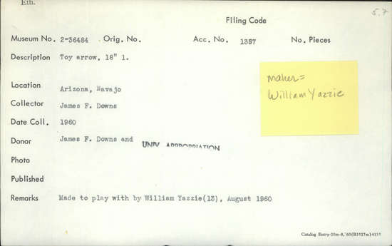 Documentation associated with Hearst Museum object titled Arrow, accession number 2-36484, described as Toy arrow, length 18 inches.