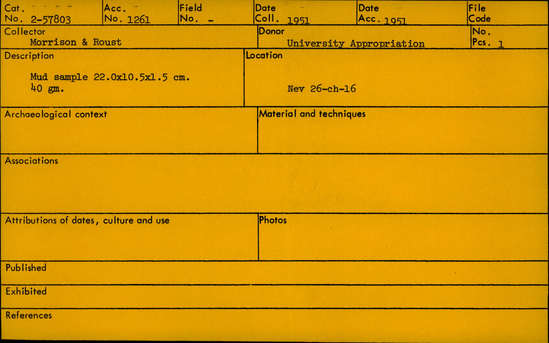 Documentation associated with Hearst Museum object titled Soil sample, accession number 2-57803, described as Mud sample, 22.0 x 10.5 x 1.5 cm, 40 gm.