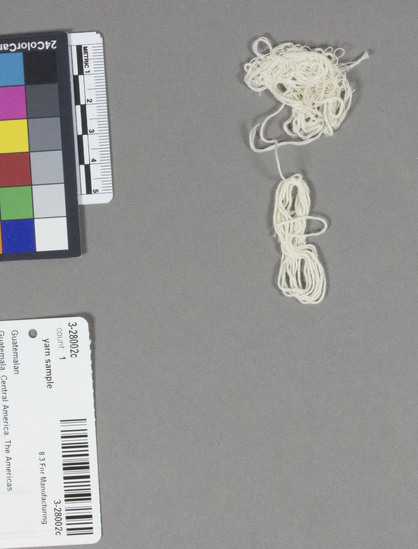 Hearst Museum object titled Yarn sample, accession number 3-28002c, described as White sewing cotton yarn sample; four ply S twist.