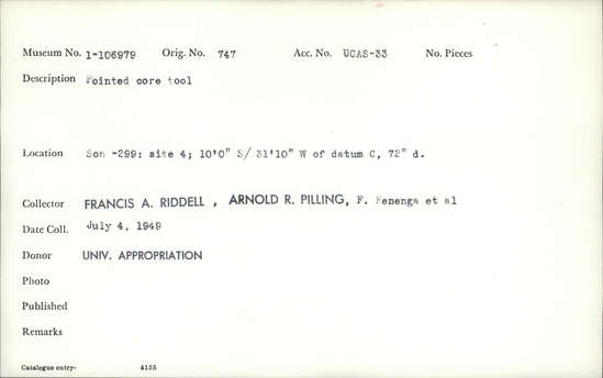 Documentation associated with Hearst Museum object titled Worked stone, accession number 1-106979, described as Pointed core.