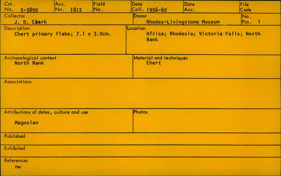 Documentation associated with Hearst Museum object titled Flake, accession number 5-3890, described as Chert primary flake