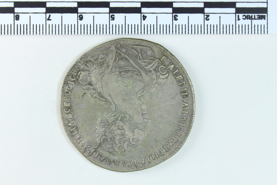 Hearst Museum object 3 of 4 titled Coin: silver 1 ruble, accession number 7-2723, described as coin: AG; obverse-ЕКATEPIHA IМПEPATPIЦA I САМОДЕРЖИЧA BCE POCICКAЯ reverse-MOHETA HOBAЯ ЧEHA PУBAЪ 1725-Catherine I-1 ruble