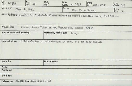 Documentation associated with Hearst Museum object titled Knife, accession number 2-1347, described as 7 whale's flukes carved on base of handle. Made of ivory.