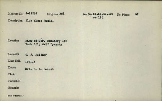 Documentation associated with Hearst Museum object titled Beads, accession number 6-13257, described as blue glaze beads