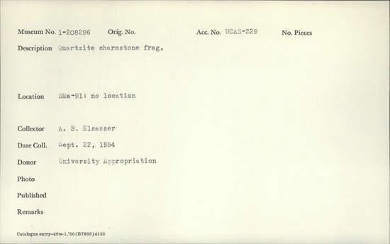 Documentation associated with Hearst Museum object titled Charmstone, accession number 1-208296, described as quartzite charmstone frag.