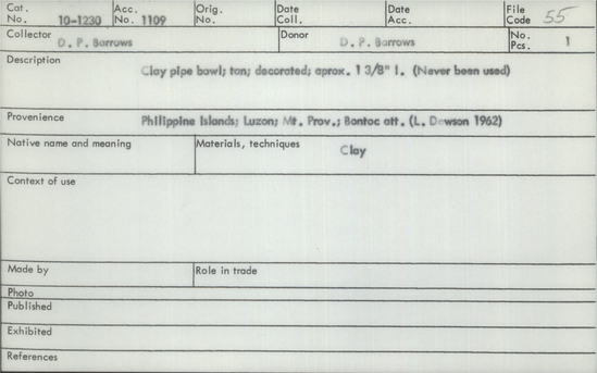 Documentation associated with Hearst Museum object titled Pipe bowl, accession number 10-1230, described as Clay pipe bowl; tan; decorated; approx. 1 3/8” L. (Never been used)