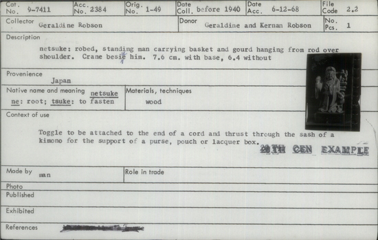 Documentation associated with Hearst Museum object titled Netsuke, accession number 9-7411, described as netsuke: robed, standing man carrying basket and gourd hanging from rod over shoulder. Crane beside him.