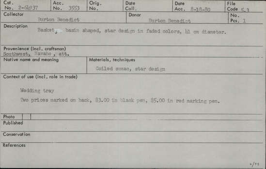 Documentation associated with Hearst Museum object titled Basket, accession number 2-64937, described as Basin shaped, star design in faded colors. Coiled sumac.