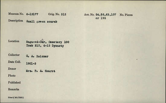 Documentation associated with Hearst Museum object titled Scarab, accession number 6-13177, described as Small green scarab.