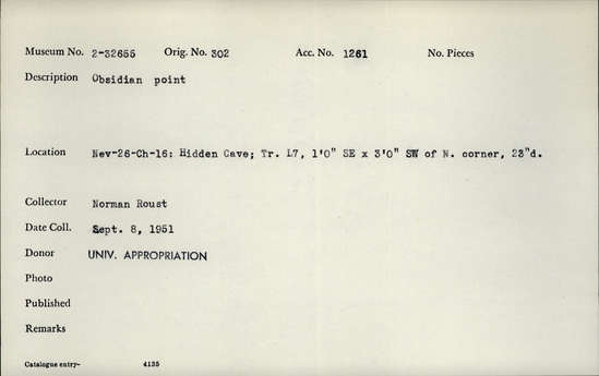 Documentation associated with Hearst Museum object titled Stone point, accession number 2-32655, described as Obsidian point