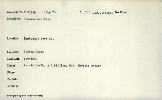 Documentation associated with Hearst Museum object titled Axe head, accession number 2-31489, described as Grooved axe head