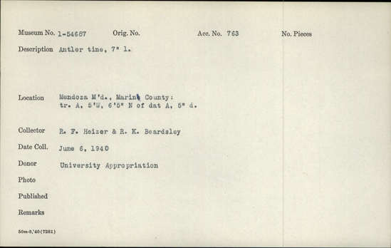 Documentation associated with Hearst Museum object titled Antler tine, accession number 1-54687, described as Antler tine.