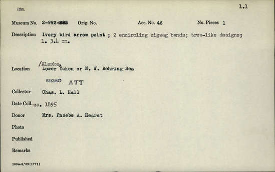 Documentation associated with Hearst Museum object titled Projectile point, accession number 2-992, described as Ivory bird arrow point. 2 encircling zigzag bands, tree like designs.