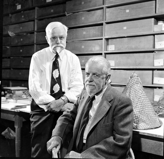 Hearst Museum object titled Black-and-white print, accession number 13-3084, described as Alfred L. Kroeber and Samuel A. Barrett in the negative room of the UC Museum of Anthropology.