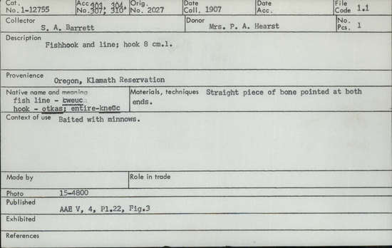 Documentation associated with Hearst Museum object titled Fishhook and fishing line, accession number 1-12755, described as Straight piece of bone pointed at both ends.
