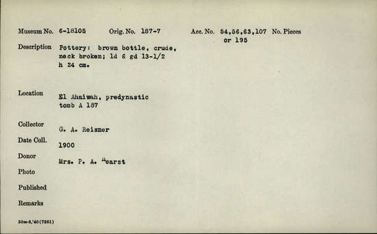 Documentation associated with Hearst Museum object titled Broken bottle, accession number 6-18105, described as Pottery: brown bottle, crude, neck broken; least diameter 6 cm, greatest diameter 13 1/2 cm, height 24 cm.