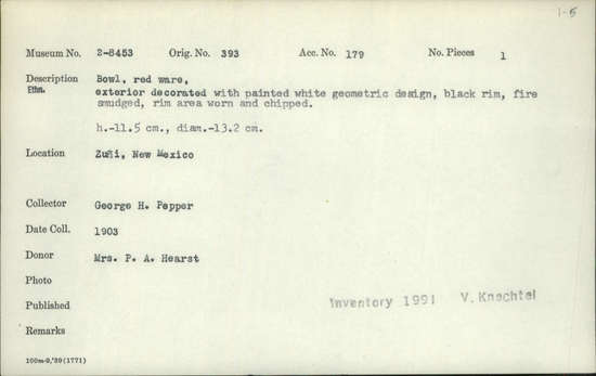 Documentation associated with Hearst Museum object titled Bowl, accession number 2-8453, described as Bowl, red ware, exterior decorated with painted white geometric design, black rim, fire smudged, rim area worn and chipped. Height 11.5 cm.; diameter 13.2 cm.