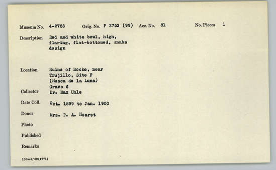 Documentation associated with Hearst Museum object titled Bowl, accession number 4-2753, described as Red and white bowl, high, flaring, flat-bottomed, snake design.