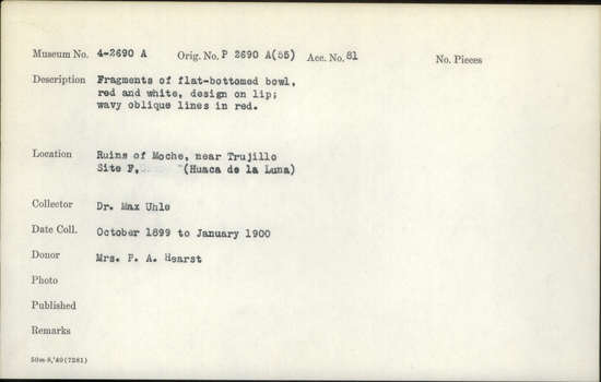 Documentation associated with Hearst Museum object titled Broken bowl, accession number 4-2690a, described as Bowls: Sherds