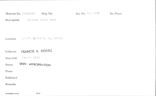 Documentation associated with Hearst Museum object titled Bead, accession number 1-196788, described as Abalone shell.